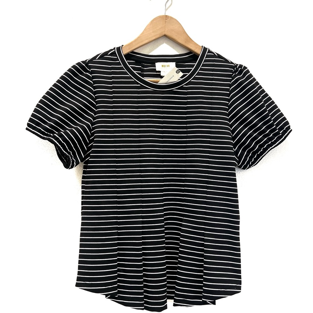 Anthropologie Maeve Black and White Fitted Ribbed Short Sleeve Tee - Picture 5 of 8